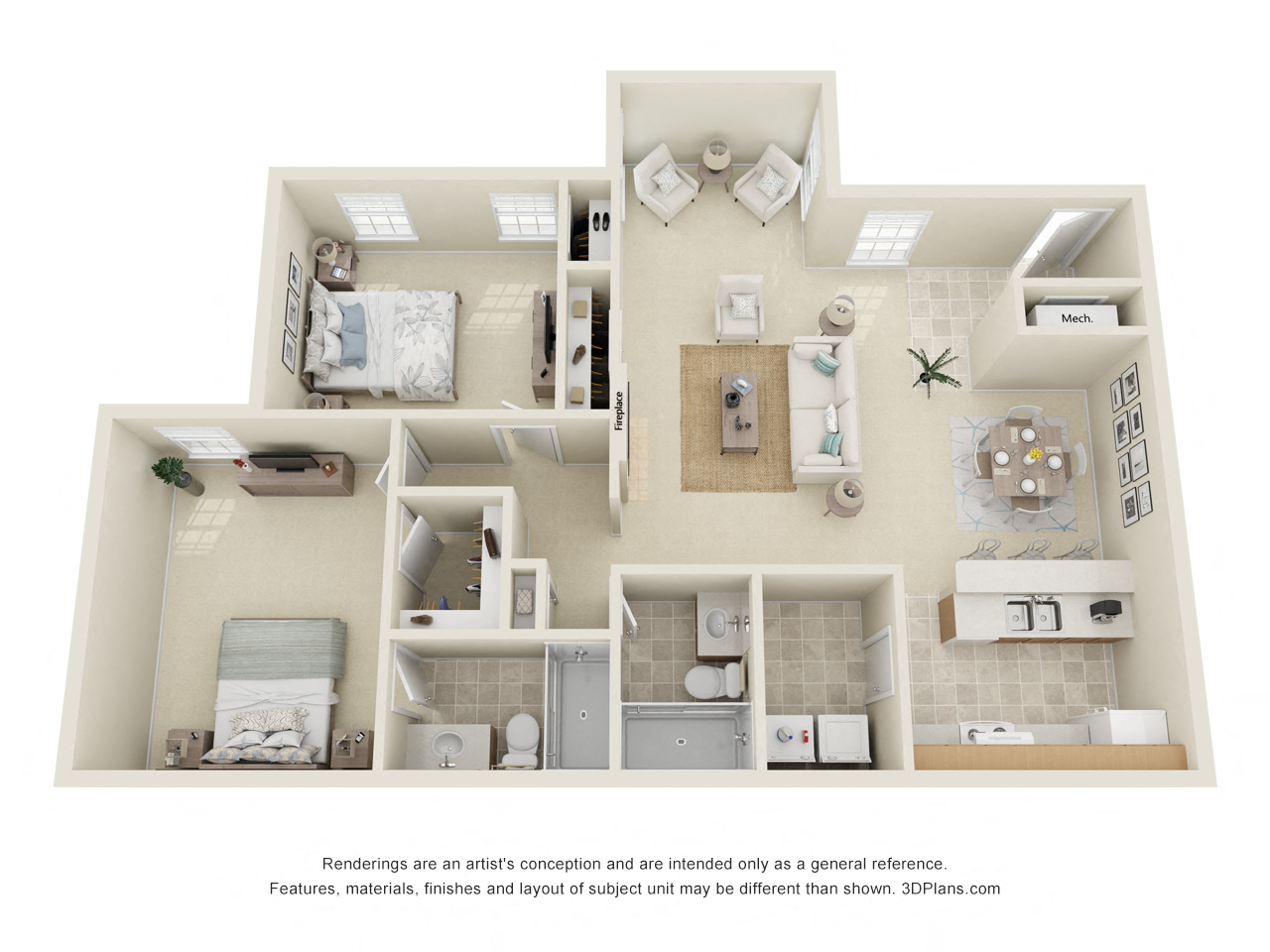 Floor plan for 2 beds, 2 baths, 1170 sqft